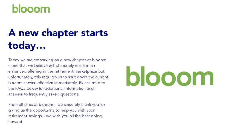 screenshot of Blooom closure notice